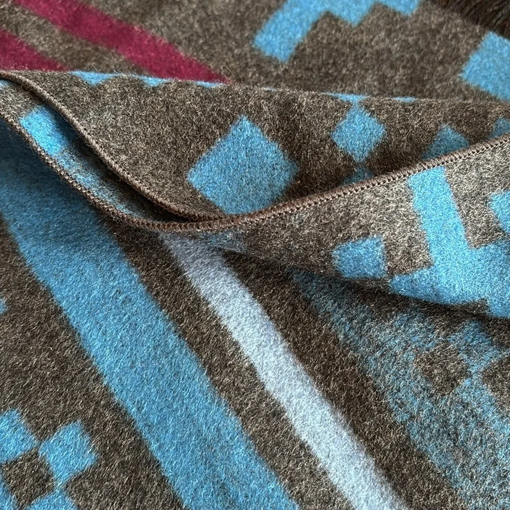Light of Snow NWT Mulberry Silk Scarf Blue Gray Maroon Geometric Print Fringe